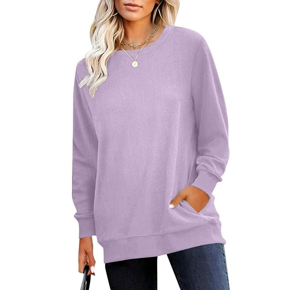 UQJfacai Womens Sweatshirts Fleece Crewneck Cozy Sweaters Long Sleeve Tops with Pockets Comfy Fall Fashion Outfits Winter Clothes