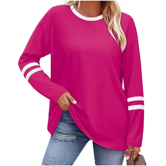 UQJfacai Womens Tops Long Sleeve Shirts Color Block Casual Loose Fit Basic Tees Classic Crewneck T-Shirts Fashion Fall Clothes