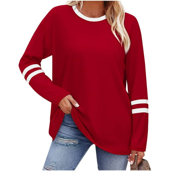 UQJfacai Womens Tops Long Sleeve Shirts Color Block Casual Loose Fit Basic Tees Classic Crewneck T-Shirts Fashion Fall Clothes