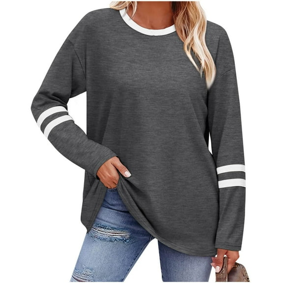 UQJfacai Womens Tops Long Sleeve Shirts Color Block Casual Loose Fit Basic Tees Classic Crewneck T-Shirts Fashion Fall Clothes