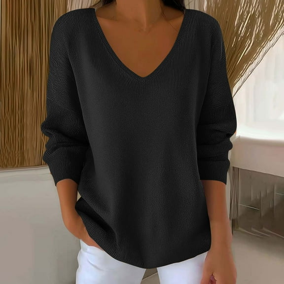 UQJfacai Womens Tops V Neck Long Sleeve Shirts Oversized Fall Casual Loose Fit Knit Pullover Sweaters Fashion Winter Clothes