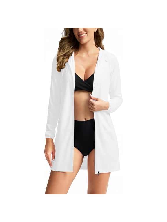 Womens UPF 50+ Swim Cover Up Sun Protection Hoodie Long Jacket SPF Lightweight Hooded Beach Cover Ups for Women S-2XL