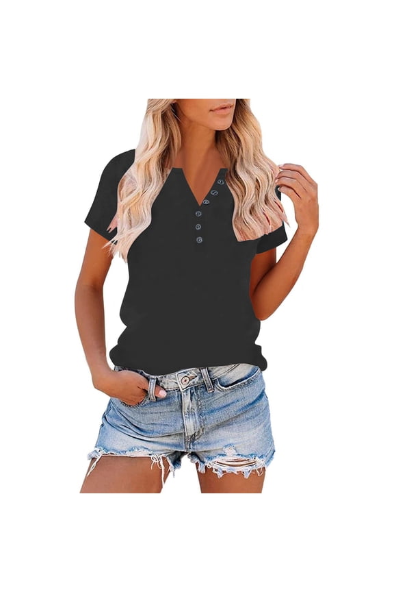 Womens V Neck Henley Tops Plus Size Raglan Tunic T Shirts Summer Short Sleeve Loose Casual Basic Tees Shirts S-5XL