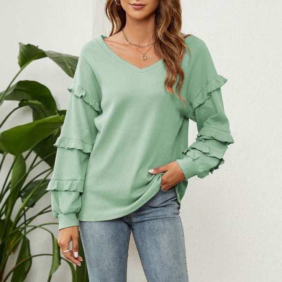 UQJfacai Womens V Neck Long Sleeve Shirts Waffle Knit Tunic Tops Fall Winter Ruffles Drop Shoulder Loose Fit Solid Color Tee Blouse