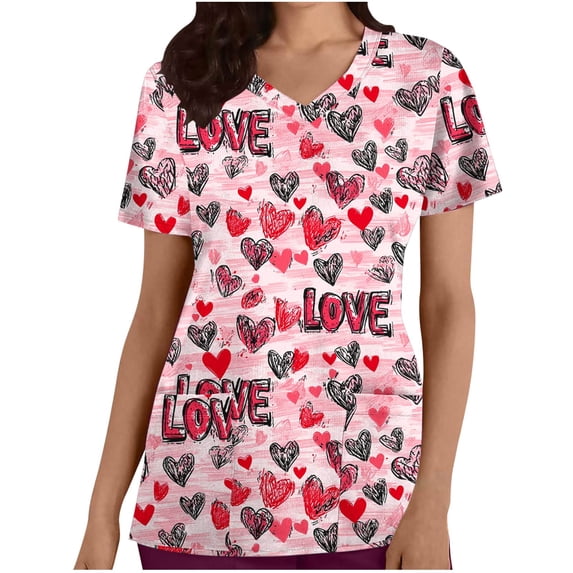 UQJfacai Womens Valentines Scrubs Heart Printed Nurse Uniforms Scrub Tops for Women Short Sleeve V Neck Shirt with Pockets S-2XL