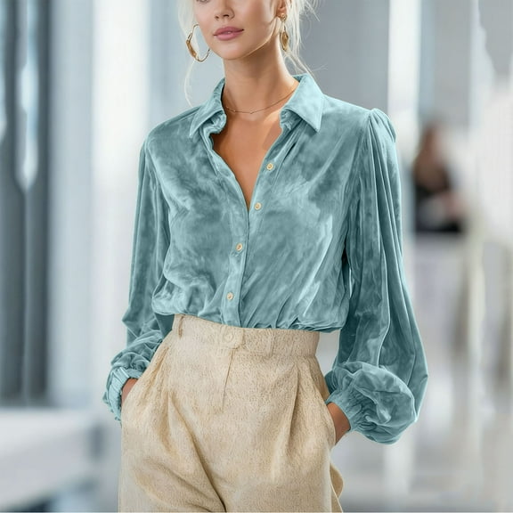 UQJfacai Womens Velvet Tops Puff Long Sleeve Button Down Shirts Fall Winter Trendy Collared V-Neck Dressy Casual Blouses Tees