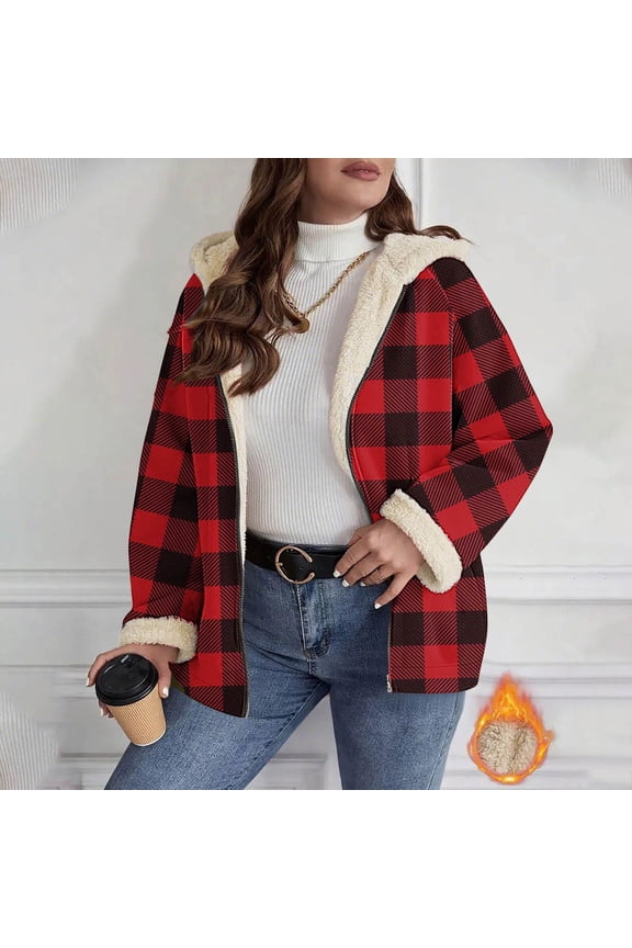 Womens Winter Coat Plaid Hooded Zip Up Jacket Fall Winter Warm Sherpa Fleece Lined Long Sleeve Coats Casual Outerwear