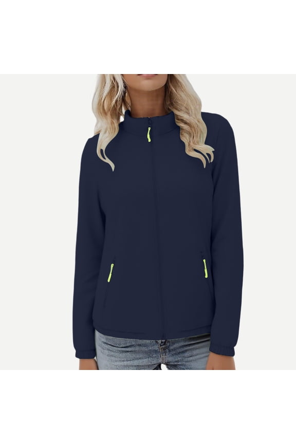 Womens Zip Up Athletic Jackets Thick Stand Collar Long Sleeve Windproof Workout Outdoor Jacket with Zipper Pockets