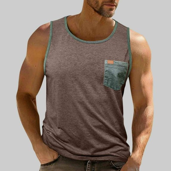 UQJfacai Workout Tank Tops Men Gym Athletic Sleeveless Muscle Tee Shirts with Pocket Summer Color Block Casual T-Shirts M-3XL