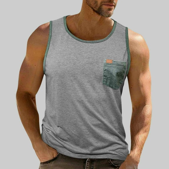 UQJfacai Workout Tank Tops Men Gym Athletic Sleeveless Muscle Tee Shirts with Pocket Summer Color Block Casual T-Shirts M-3XL