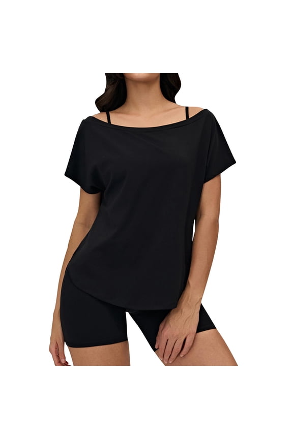 Workout Tops for Women Off The Shoulder Short Sleeve Shirts Crved Hem Breathable Gym Athletic Yoga Tee Shirt L