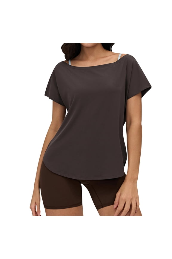 Workout Tops for Women Off The Shoulder Short Sleeve Shirts Crved Hem Breathable Gym Athletic Yoga Tee Shirt M
