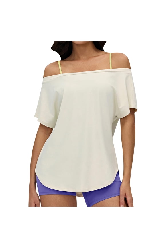 Workout Tops for Women Off The Shoulder Short Sleeve Shirts Crved Hem Breathable Gym Athletic Yoga Tee Shirt XL
