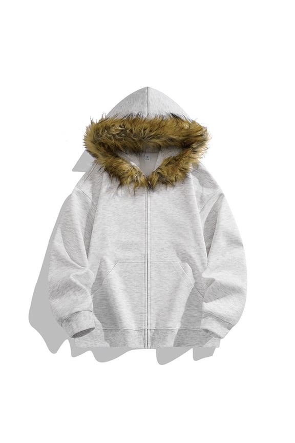 Zip Up Hoodie Men Zip Up Hoodie Detachable Faux Fur Fur Hooded Jacket Long Sleeve Fall Winter Coat with Pockets Y2k Streetwear
