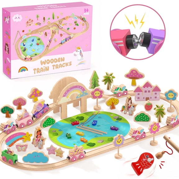 UQN 110PCS Wooden Train Set for Toddlers 2-4, Unicorn Train Toy for Girls with Fishing Puzzle, Wooden Train Track Toy Birthday Gift for Kids Girls Ages 3 4 5 6
