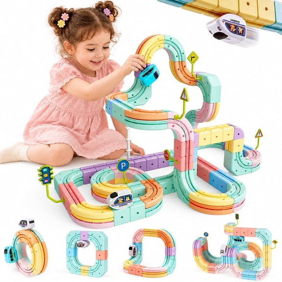 UQN 134PCS Electric Train Set for Kids, Gravity-Defying 3D Train Track Set, Flexible Snap-On Race Car Track, STEM Building Train Toy Birthday Gifts for Boys Girls 3 4 5 6 7 8 Years