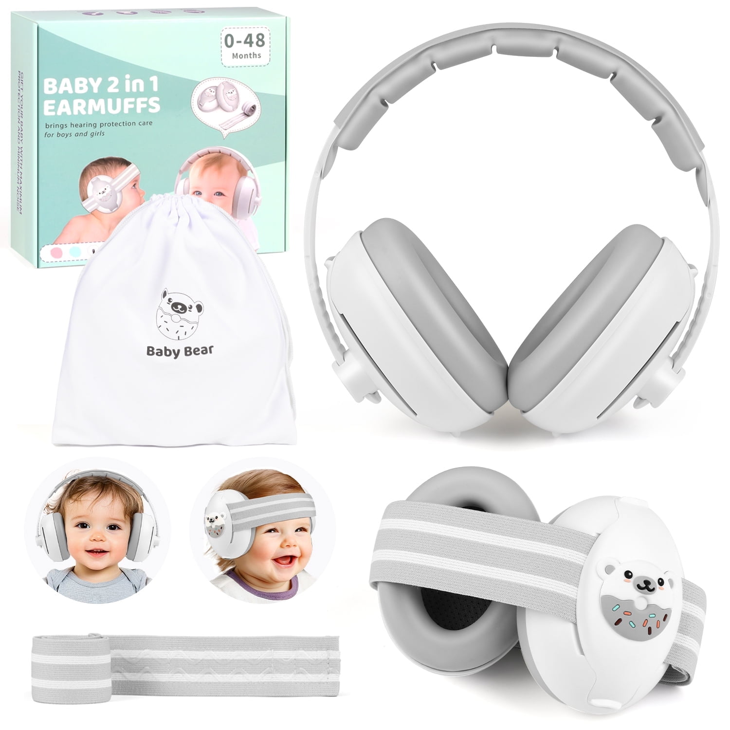 UQN 2-in-1 Baby Ear Muffs Noise Protection, Noise Canceling Headphones for Baby & Toddler 0-36 Months, Adjustable Headband, Hearing Protection Earmuffs in Plane & Improves Sleep - White