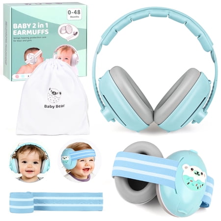 UQN 2-in-1 Baby Ear Muffs Noise Protection,Noise Canceling Headphones for Baby & Toddler 0-12-36 Months, Infant Ear Protection in Plane, Adjustable Headband,Improves Sleep - Blue