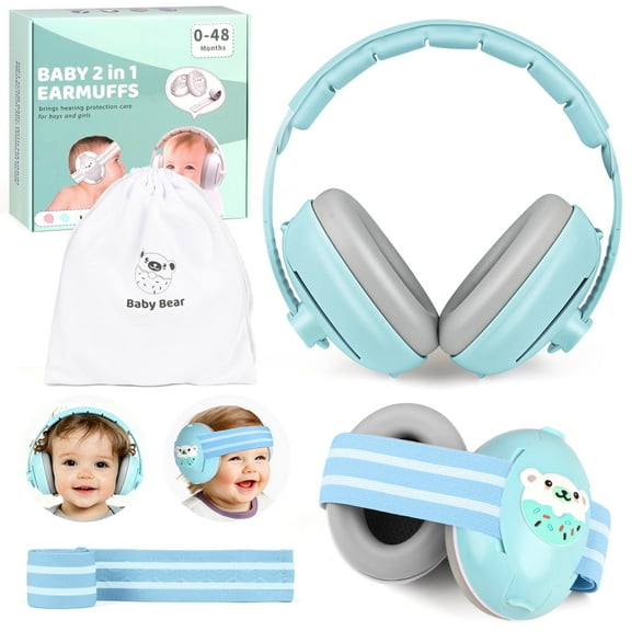 UQN 2-in-1 Baby Ear Muffs Noise Protection,Noise Canceling Headphones for Baby & Toddler 0-12-36 Months, Infant Ear Protection in Plane, Adjustable Headband,Improves Sleep - Blue