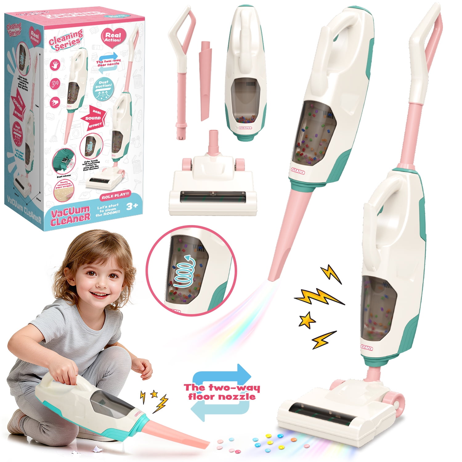 UQN Kids Vacuum Really Works, 2 In 1 Toddler Toy Cleaning Set , Kids Vacuum Cleaner Toy with Real Suction,Sound,2 Nozzles, Pretend Play Cleaning Toy Vacuum for Toddlers 1-3, Gift for Girls Ages 3-6.