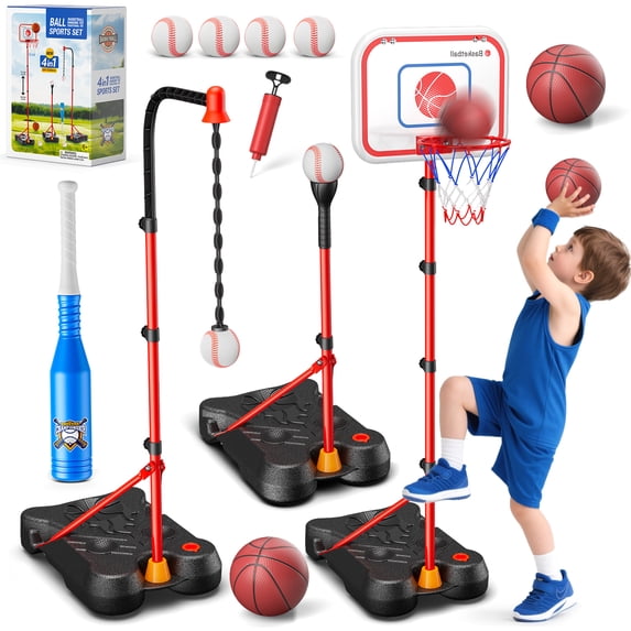 UQN 3 In 1 Kids/Toddlers Basketball Hoop,Baseball&T-Ball Sets for Kids 3-5,Adjustable Height, Indoor/Outdoor Sports Toys Gifts for Boys Girls Ages 2 3 4 5 6 7 8 Years Old, Christmas Birthday Gift.