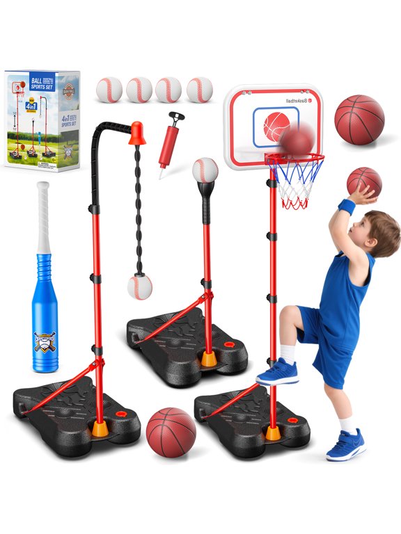 3 In 1 Kids Basketball Hoop,Baseball&T-Ball Sets for Kids 3-5,Adjustable Height, Indoor/Outdoor Sports Toys Gifts for Boys Girls Ages 3 4 5 6 7 8 Years Old, Christmas Birthday Gift.