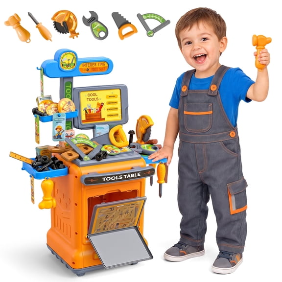 UQN 66Pcs Kids Tool Bench Toy, Rolling Tool Cart, Pretend Play Toddler Workbench with Realistic Tool,Large Storage, Construction Playset Toys for Boys and Girls Ages 3 4 5 6 Birthday Gifts