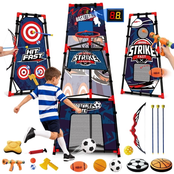 UQN 8 in 1 Kids Sports Game Set, Basketball Hoop, Soccer Goal, Football Toss & Target Games, Backyard Indoor Outdoor Toys for Kids Ages 3-8, Gifts for Toddler Boys Girls