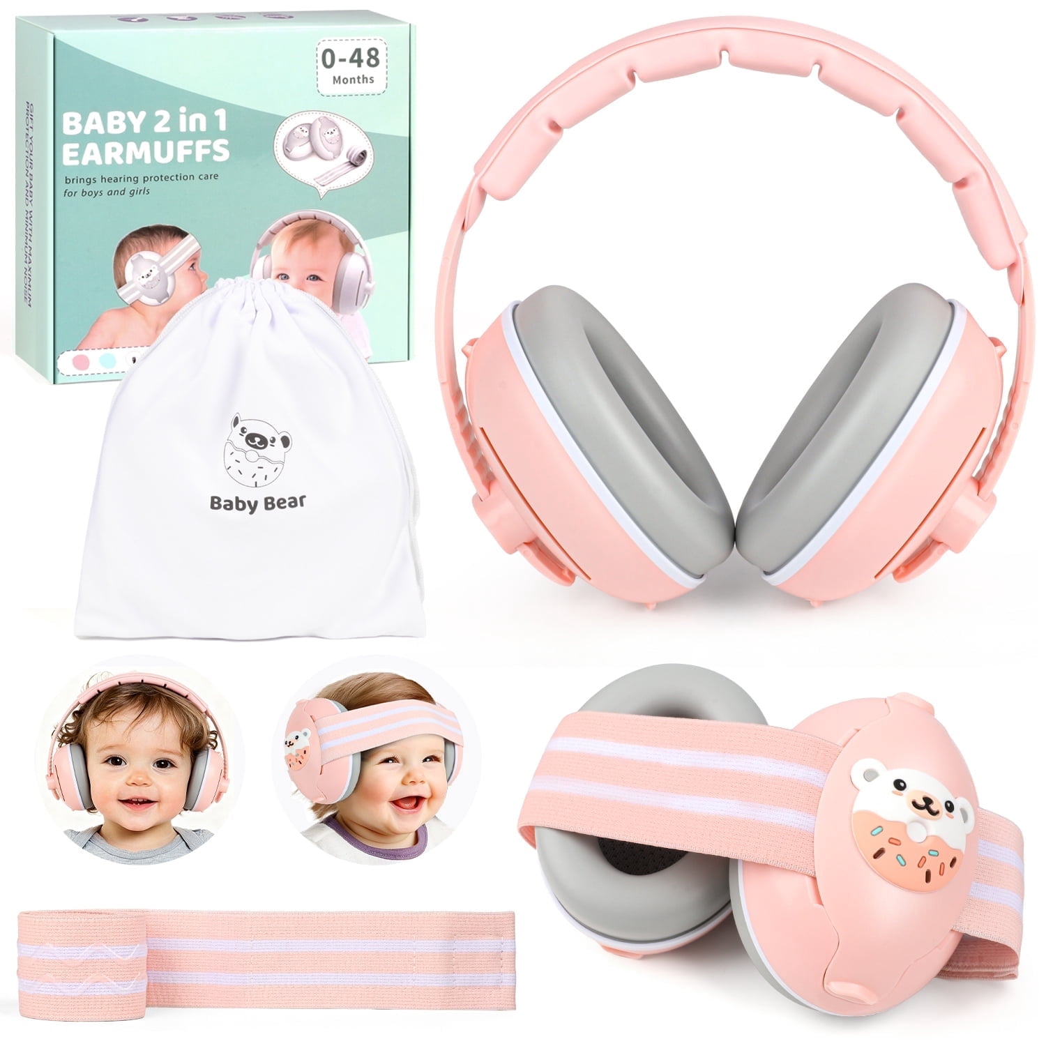 UQN 2-in-1 Baby Ear Muffs Noise Protection,Noise Canceling Headphones for kids 0-36 Months, Infant Ear Protection for Plane & Sleep, Adjustable Headband - Pink