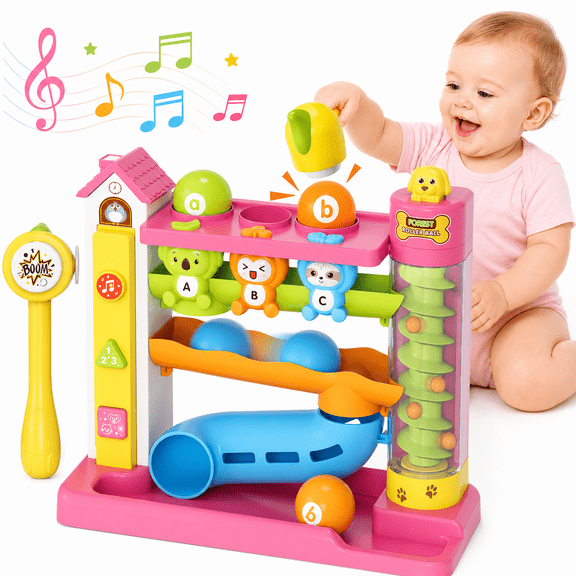 UQN Ball Drop Toys for 1 Year Old, Hammer Ball Track Toy for Toddler 1 2 3, Drop Ball Baby Toy with Light Music, Montessori Learning Toys, Birthday Gifts for Girls Boys Age 6-12-18 Months Old