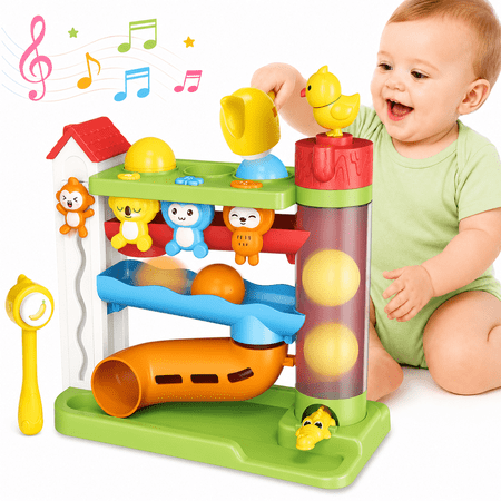 UQN Ball Drop Toys for 1 Year Old, Hammer Drop Ball Tower for Toddler 1-3, Musical Baby Toy with Lights & Sounds, Interactive Montessori Toys, Birthday Gifts for Girls Boys Age 12-18 Months Old
