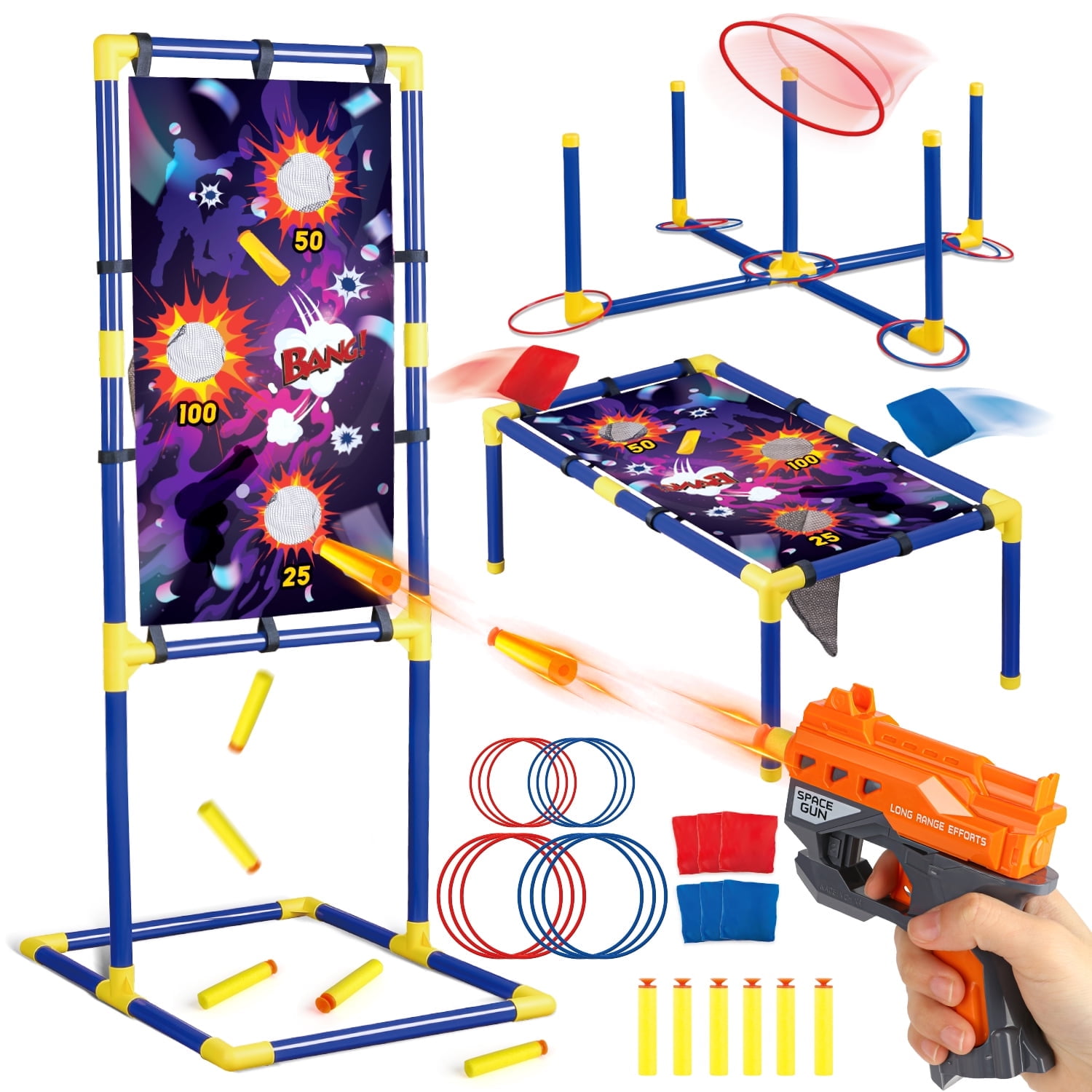 UQN Bean Bag Toss Game for Kids 3-8, 3-in-1 Outdoor Cornhole Game Set with Shooting & Ring Toss Games for Kids, Backyard Indoor Outside Toys for Boys Girls Ages 5 6 7 8 9 10, Birthday Party Game Gift