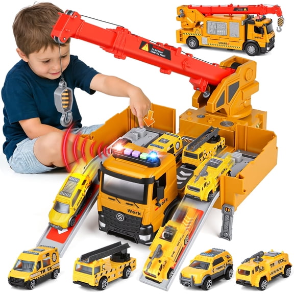 UQN Construction Crane Truck Toys for Boys Age 4-7, Transform Ejector Truck Race Car, Construction Vehicles Toy Playset, Sounds and Lights, Christmas Birthday Gifts for 3-6 Years Old Boys Kids