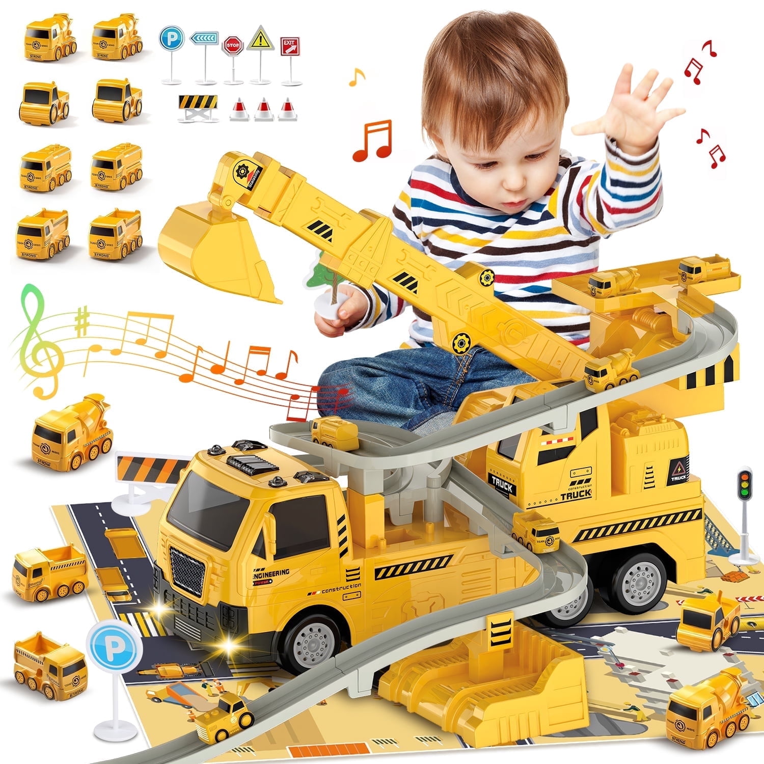 UQN Construction Truck Toys for Boys 3-6 Years, Kids Excavator Crane Truck Toy W/Track, Sound & Light, Christmas & Birthday Gifts for 3 4 5 6 7 8 Years Old Boys Kids Toddlers