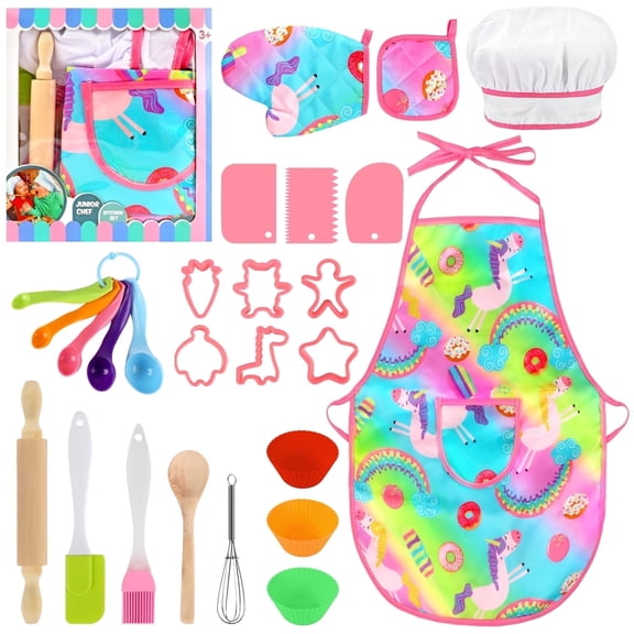 UQN Cute Kids Cooking and Baking Sets, 25Pc Kids Baking Sets with Kids Chef Hat and Unicorn Apron for Girls Toddler Dress Up, Chef Costume Birthday Gifts for 3 4 5 6 7 8 Years Old Girls