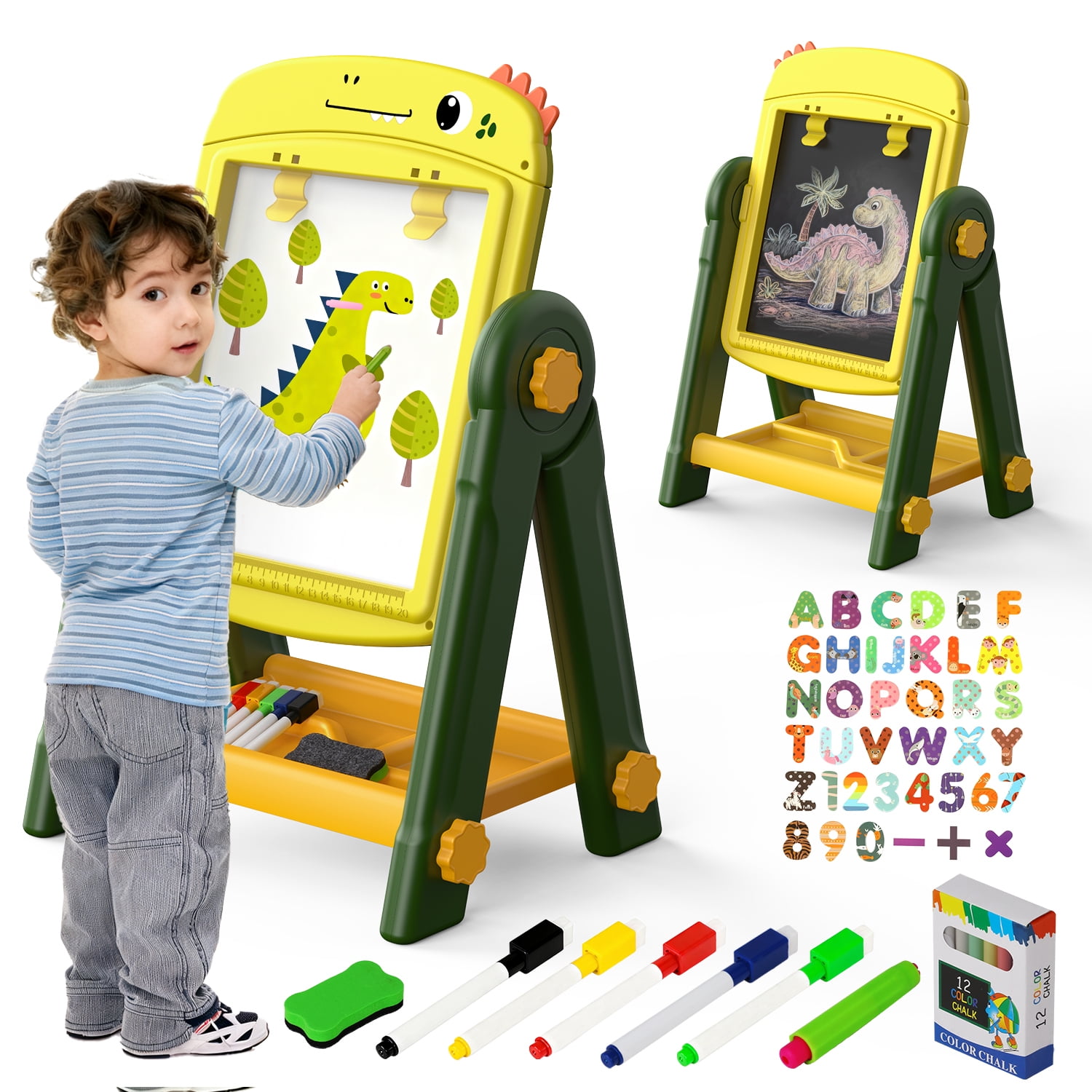 UQN Easel for Kids, Kids Art Easel for Toddlers Age 2-4, Standing Double Sided Magnetic Drawing Board with Chalkboard Whiteboard, Christmas Birthday Gift for Boys Girls 2 3 4 5 Years Old