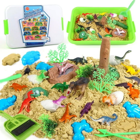 UQN Dinosaur Sensory Bin Toys for Boys, 37 PCS Sensory Bins for Toddlers 3-4 with 14 Dinosaur Toys & 2.2lb Magic Sand, Sensory Toy Birthday Gift for Boys Toddler Ages 3-8