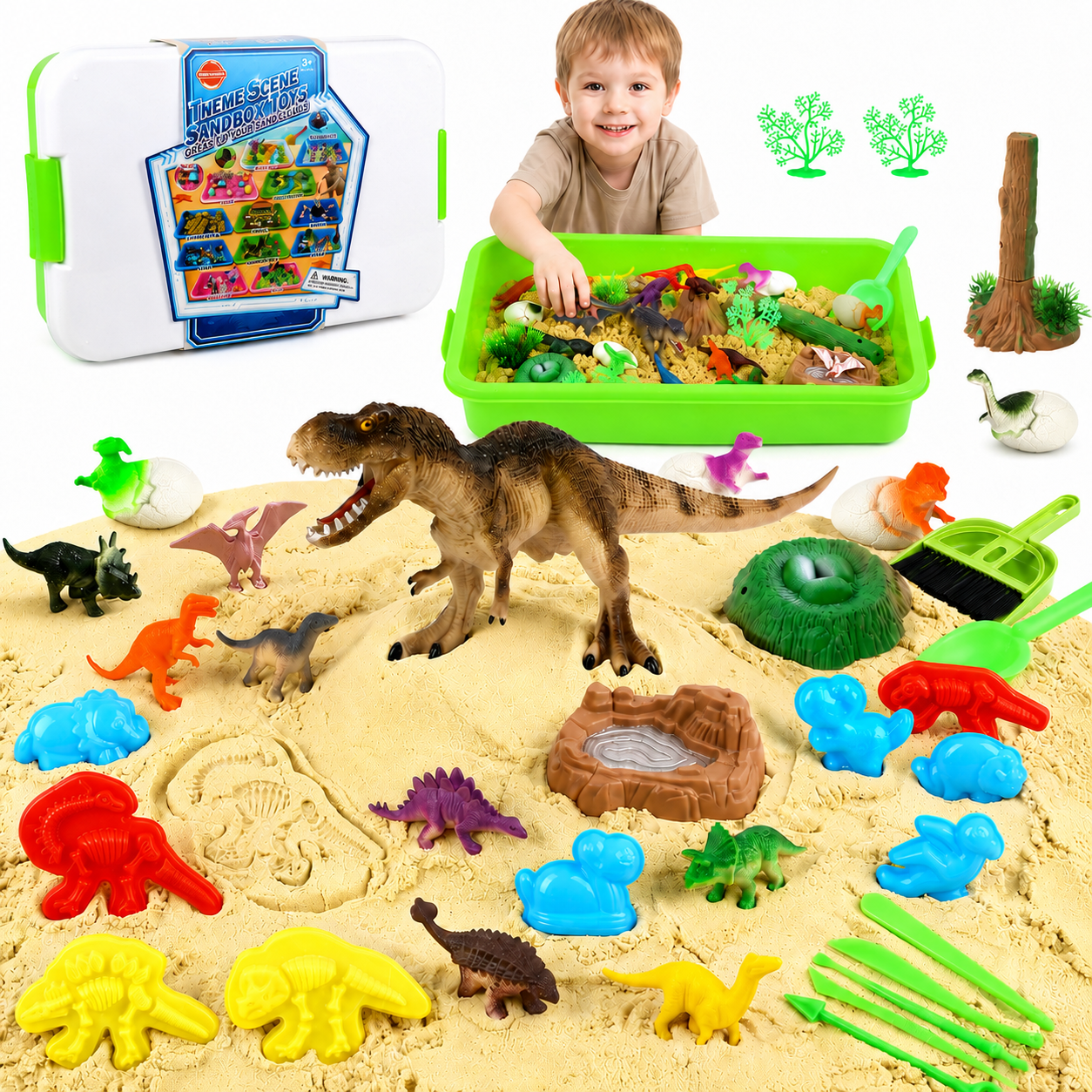 UQN Dinosaur Sensory Bin Toys for Boys, 37 PCS Sensory Bins for Toddlers 3-4 with 14 Dinosaur Toys & 2.2lb Magic Sand, Sensory Toy Birthday Gift for Boys Toddler Ages 3-8