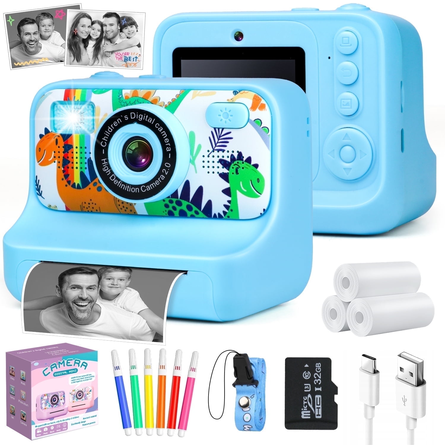 UQN Kids Instant Print Camera, Christmas Birthday Gifts for Boys  Girls  Age 3-12, 1080p Digital Camera, 32GB Dinosaur Photo Toy,  Toys for 3 4 5 6 7 8 Year Old Kids-Blue