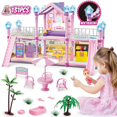 UQN Dollhouse Kit for Girls Ages 3-6, 131PCS Pink DIY Pretend Play Toy House With Slide, Lights, 4 Rooms 2 Balconies Furniture, Birthday Gift for 2 3 4 5 Years Old Girls/Kids/Toddlers.