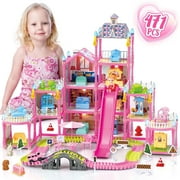 UQN Dollhouse Kit for Girls Ages 3-6, 471PCS Pink Castle Toys with Slide, Track, Lights, DIY 11 Rooms 4 Balconies Furniture, Pretend Play Toys Birthday Gift for Girls Kids 4 5 6 7 8 Years Old