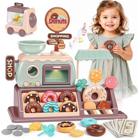 UQN Donut Shop Playset for Kids, Pretend Play Food Set for Kids Kitchen with Light and Sound Toy Oven, Ice Cream Cart, Toy Food Birthday Gift for Girls Ages 3 4 5 6 Years.