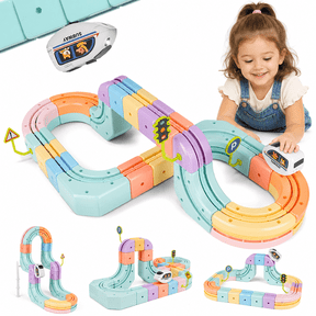 UQN Electric Train Set for Kids Ages 3-8, 3D Gravity-Defying Train Track with Flexible Snap-On Race Car Track, STEM Building Train Toy Gifts for Boys Girls