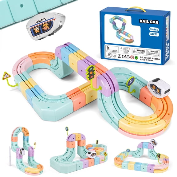UQN 54PCS Electric Train Set for Kids Ages 3-8, 3D Gravity-Defying Train Track with Flexible Snap-On Race Car Track, STEM Building Train Toy Gifts for Boys Girls