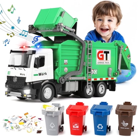 UQN Garbage Truck Toys for Boys, Trash Truck Toys with Dumpster and Trash Bins, Play Vehicle Toys for Kids, Birthday Gift for Boys 2 3 4 5 6 7 Years Old