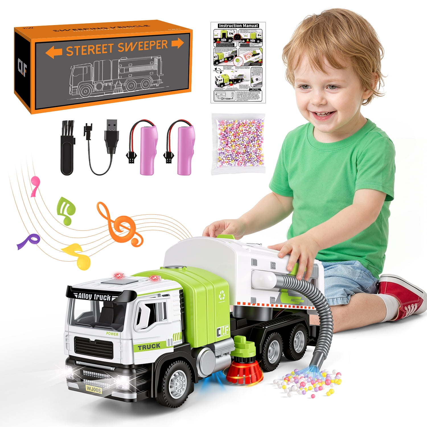 UQN 1:50 Electric Garbage Truck Toys, 2-in-1 Alloy Street Sweeper Toy with Light & Sound, Simulated Vacuum Trash Truck Toy for Kids, Cleaning Toys Birthday Gift for Boys Girls Toddlers 3-6