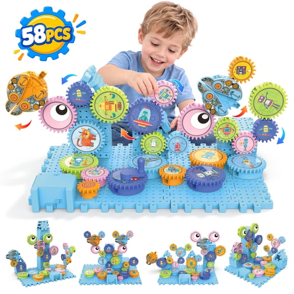 UQN Gear Building Toys for Kids 4-8, 58PCS Motorized Spinning Gears with Interlocking Building Blocks, Electric & Manual STEM Construction Toy Set for Kids Ages 3+, Birthday Gifts for Boys Girls