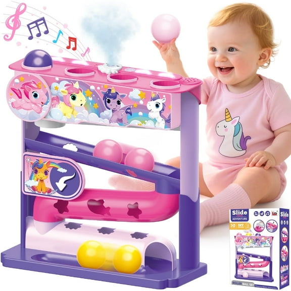 UQN Ball Drop Toys for 1 Year Old, Stacking Toys Drop Ball Tower for Toddlers 1-3, Baby Unicorn Toy with Light Music Spraying, Drop Ball Baby Toy, Birthday Gifts for Girl Boy Age 6-18 Months Old