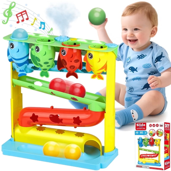 UQN Ball Drop Toys for Toddlers 1-3, Stacking Toys Drop Ball Tower for Toddlers, Baby Fish Toy with Lighted Music Spraying, Interactive Baby & Toddler Toy, Gifts for Girl Boy Age 6-24 Months Old