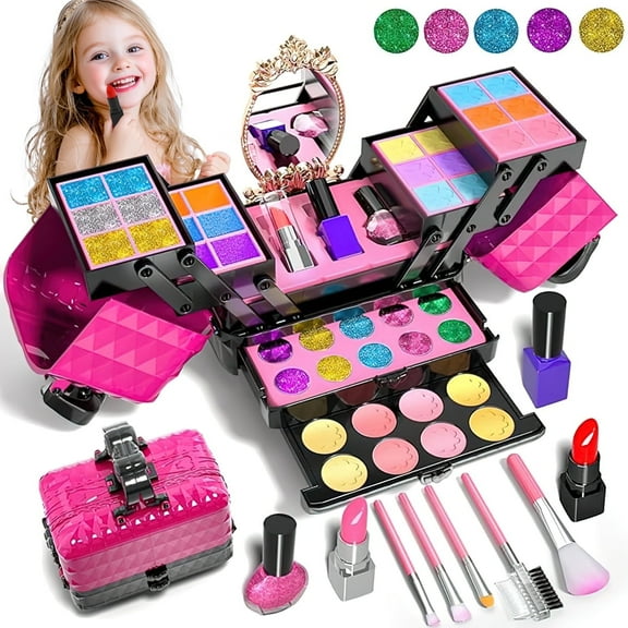 UQN Kids Makeup Kit for Girls, 54PCS in 1 Real Washable Makeup set for Girls, Makeup Vanities Toys for Little Princess, Christmas & Birthday Gift for Girls Age 3 4 5 6 7 8 9 (Rose)